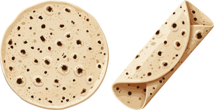 Indian chapati roti flatbread whole and rolled wrap, traditional wheat bread food illustration isolated vector design