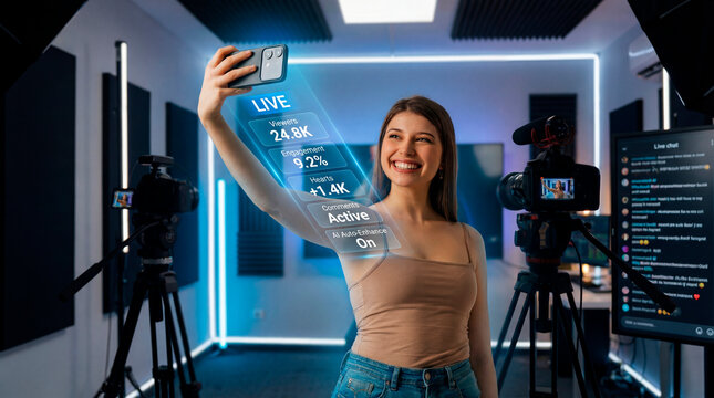 Live streaming creator woman broadcasting from content studio