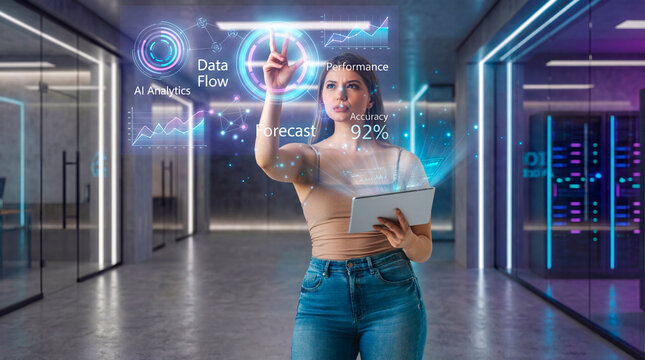 Data analyst woman reviewing AI forecast and performance dashboard