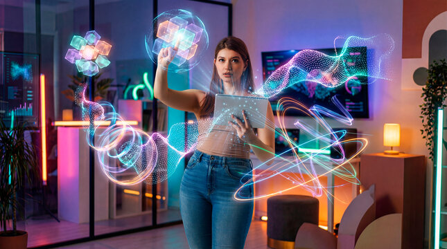 AI engineer woman manipulating holographic data cubes and neural stream