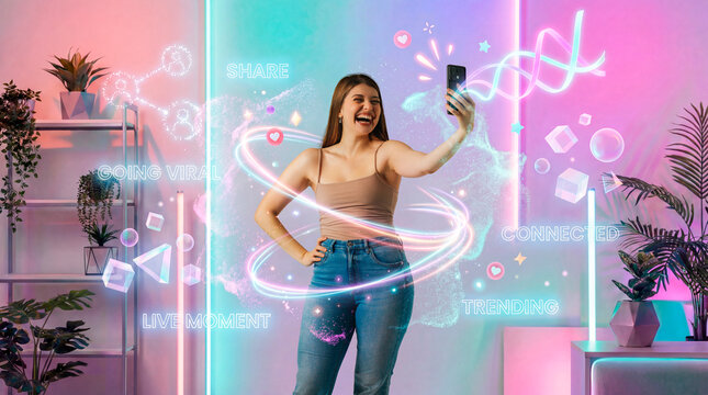 Viral content creator woman sharing live moment on smartphone