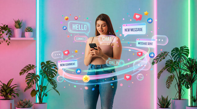 Social media manager woman messaging with online community