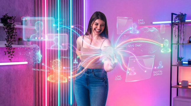 Content creator woman interacting with live chat and social network interface