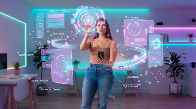 AI specialist woman operating smart holographic interface at home office