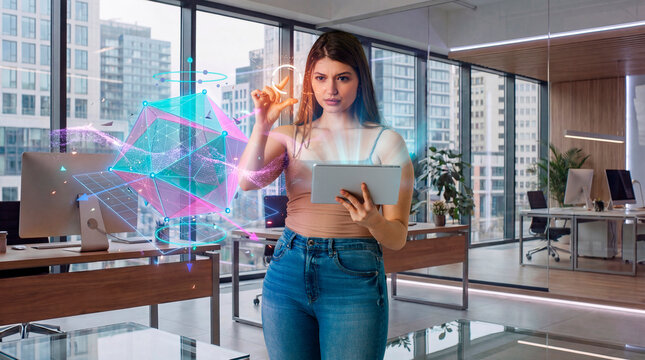 Data analyst woman manipulating holographic network model in office