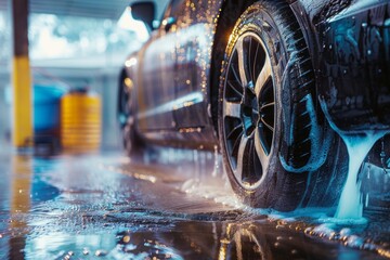 Fototapeta premium Car going through automatic car wash is covered in soap suds