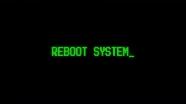 Reboot system text typing computer retro style with rgb split noise effect glitch distortion, flicker background. motion text 4k video with alpha channel