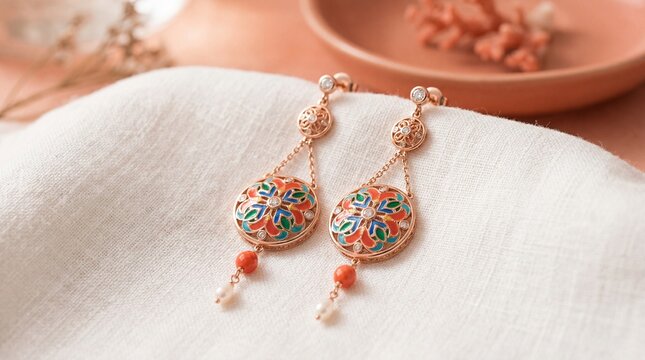 Elegant Rose Gold Chain Drop Earrings with Intricate Colorful Enamel Mandala Design and Coral Bead Accents on White Linen.