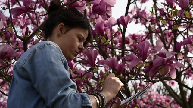 Side profile of a woman artist sketching in a notebook in front of blooming pink magnolia trees in the Luxembourg Garden in Paris during spring.