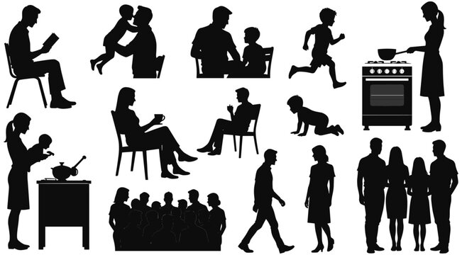 family, child, adult, baby, cooking, reading, walking, playing, feeding, group, lifestyle, home, care, love, silhouette,
family icon, child play, adult care, baby feeding, cooking stove, reading book,