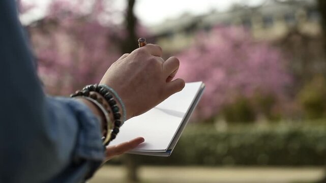 Close up of a woman's hands sketching pink magnolia flowers in a spiral notebook at the Luxembourg Garden in Paris.
