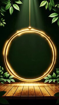 Elegant glowing circular frames illuminated by warm light hanging against lush green leaves background