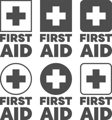 Obraz premium Grey first aid cross icons set in circles and squares for medical emergency symbols display