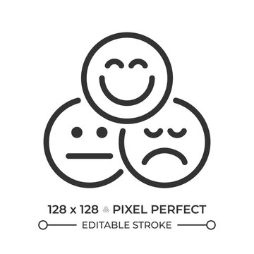 Likert scale pixel perfect line icon. Survey research, facial expressions. User experience. Communication skills. Isolated vector illustration. Outline symbol. Simple linear drawing. Editable stroke