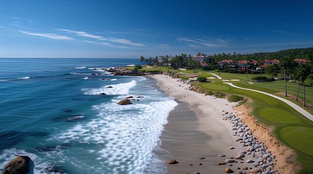 A coastal landscape features an ocean with waves crashing on a sandy beach. Rocks line the shore, and a golf course borders the sand. Palm trees and buildings appear on the horizon