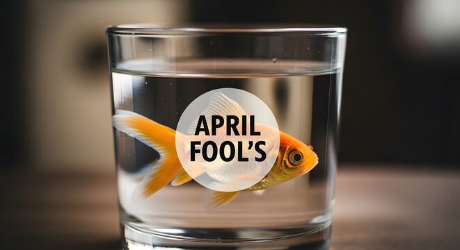 A glass of water with a goldfish and april fools' message
