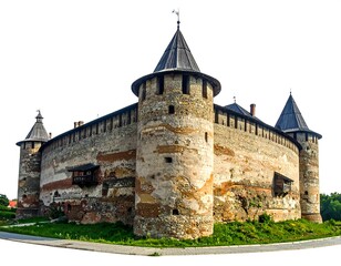 Fototapeta premium Stone medieval castle with rounded turrets, textured walls, and a white background sits amidst green grass and rock