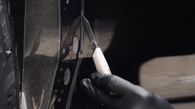 The process of installing PPF on the side of the car. PPF is a polyurethane, protective film that protects the paint from scratches and gravel. Armored film on the car mirror. Car wrapping close-up.