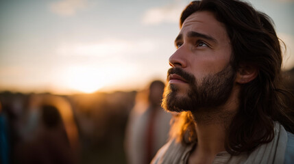 Fototapeta premium Man with long hair in historical clothing among crowd at sunset, biblical era scene, ancient religious gathering, spiritual assembly moment, faceless period figure, defocused crowd