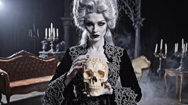 woman holding human skull in dark room.