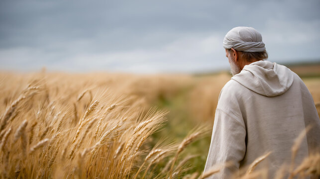 Religious figure walking in field with wheat, biblical scene for church publications, countryside spiritual moment, agricultural faith display, faceless robed figure, defocused whe
