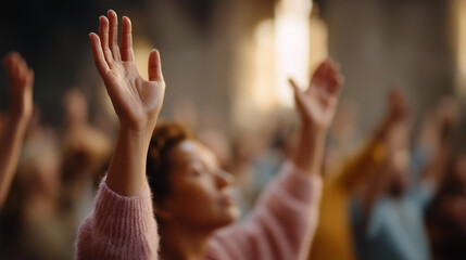 Hands in air of people who praise divine at church service, raised arms worship, congregational praise gesture, spiritual celebration moment, faceless worshippers hands, defocused