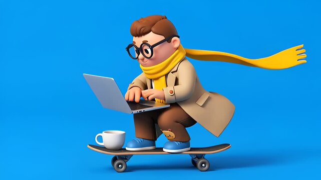 A charming 3D character balances productivity and motion, typing on a laptop and holding a coffee cup while coasting on a skateboard against a vibrant blue background.