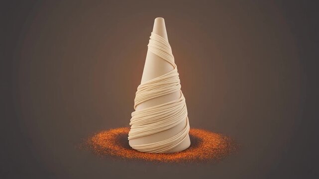 Abstract conical object with wrapped strands and glowing orange ring