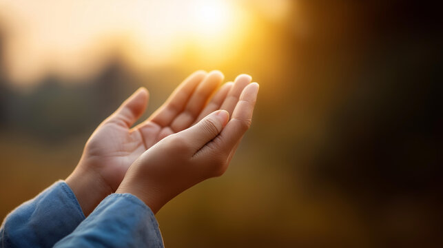 Man's palms in pray and worship against sunny natural blurred background, blessing repent help hope faith devotion, belief spirituality concept, faceless praying hands, defocused b