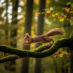 Obraz premium Red Squirrel Jumping Between Mossy Tree Branches.