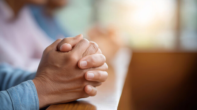 Asian Christian groups sitting within church Catholic, clasped hands closed eyes praying for blessings, pale sun shone worship place, faceless praying group, defocused background,