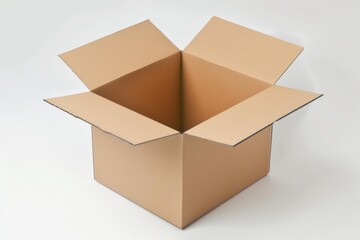Empty open cardboard box on white background, ready for packaging and shipping