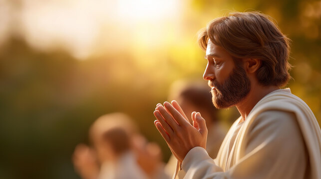 Holy figure praying with disciples, group prayer moment, apostolic worship scene, biblical fellowship display, spiritual gathering moment, faceless praying figures, defocused backg