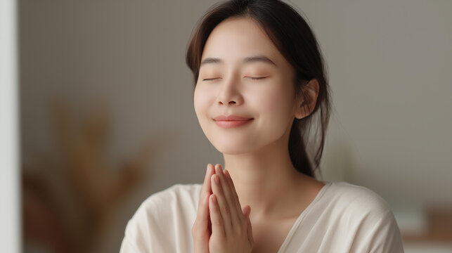 Believe faith charity calm Asian young woman, showing gratitude folded hands in prayer, feel grateful meditating closed eyes, praying request help forgiveness concept, faceless pra