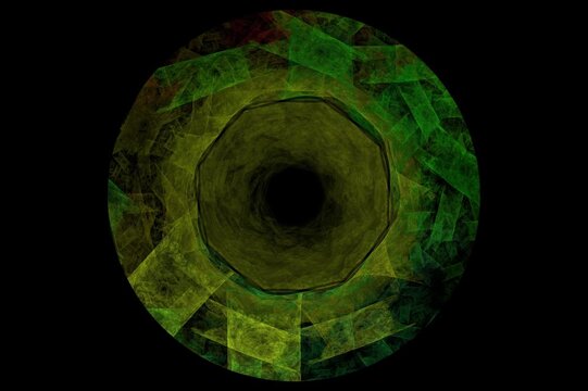 Forma astratta circolare con strati geometrici giallo‑verdi in movimento radiale