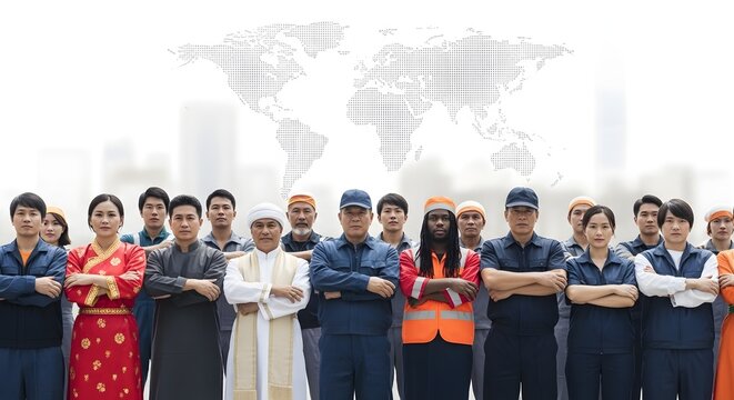 Diverse group of people from various professions and cultures standing together with a world map in the background.