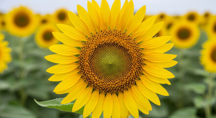 Vibrant Sunflower in Full Bloom, Showcasing Its Bright Yellow Petals Against a Blurred Backdrop of a Sunflower Field