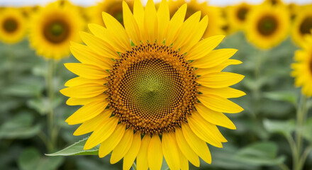 Fototapeta premium Vibrant Close-up of a Single Sunflower in Full Bloom, Showcasing Its Intricate Details and Bright Yellow Petals Against a Blurred Green Background
