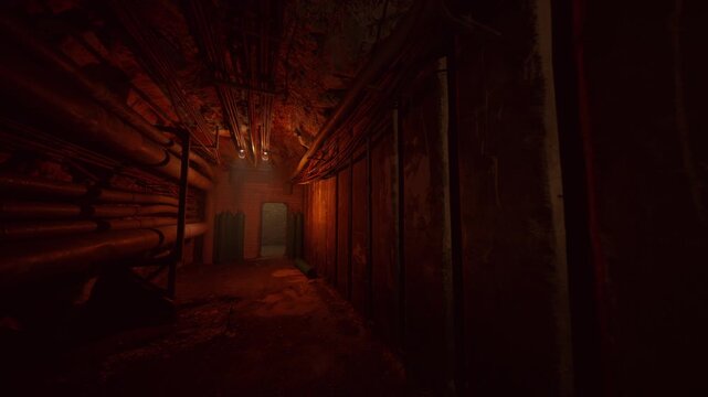 eerie rusted industrial tunnel bathed in red light, tangled pipes overhead and corroded walls, damp floor with scattered debris and low ceiling casting deep