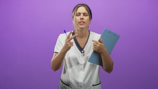 Woman nurse in white uniform holding blue clipboard and pen points two fingers and presses hand to forehead for headache in studio; frustration.