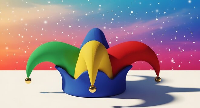 A colorful jester's hat on a snowy background