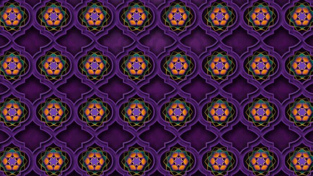 Islamic geometric pattern animation with glowing purple and gold arabesque motifs forming a seamless ornamental background. Elegant looping design ideal for Eid greetings, and decorative backdrops.