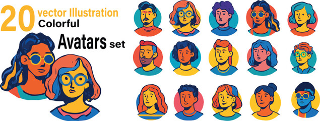 Fototapeta premium Colorful avatars collection. Diverse faces set. Modern flat vector portraits. Creative smiling people profiles in bold style. Editable illustration isolated on white background