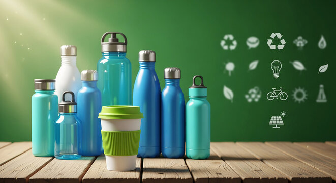 Collection of reusable bottles and a cup on a wooden surface against a green background with ecology icons, representing sustainability and eco-friendliness