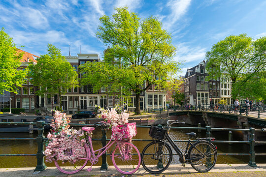 Decorated bicycles on Brouwersgracht canal, Amsterdam, Netherlands