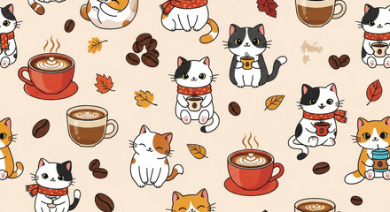 Whimsical Pattern Featuring Cute, Cartoon-style Cats in Cozy Scarves, Surrounded by Coffee Cups and Autumn Leaves