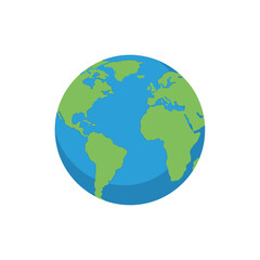 Fototapeta premium Modern flat design icon of Earth with green continents and blue oceans, representing global connections, environment, travel, and international concepts