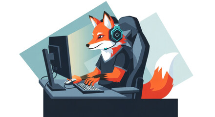 Obraz premium Stylized, Animated Orange Fox Wearing Headphones, Engaged in Gaming at a Computer Desk