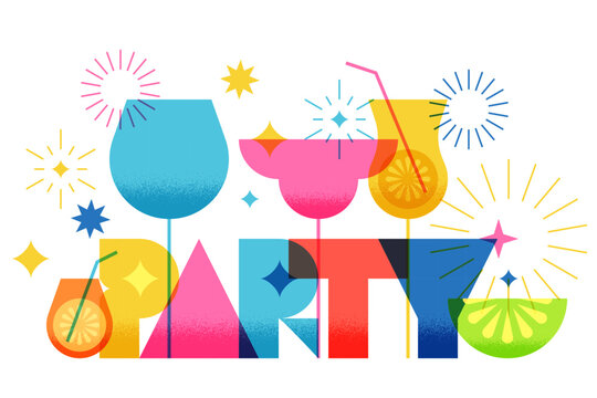 Party word, colorful cocktails, fireworks. Cocktail arty banner, poster, drinks menu design. Vector illustration