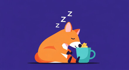 Obraz premium Cute Orange Fox Cuddles a Small Character in a Green Mug, Exuding Warmth and Tranquility Against a Vibrant Purple Background